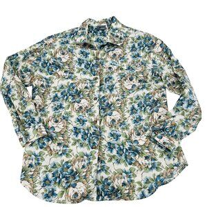 Lizwear‎ Womens Floral Button-Up Shirt L Cotton Vintage 90s Blue & Beige Roses
